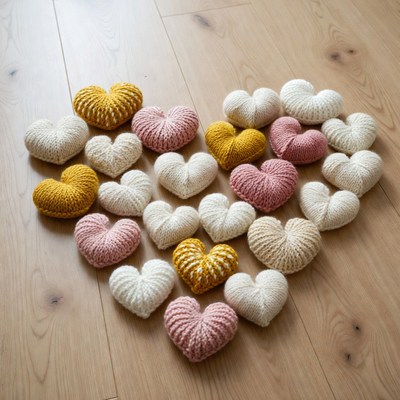 Colorful Knitted Hearts on Wooden Floor