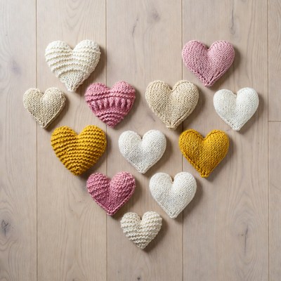 Knitted hearts on wooden floor