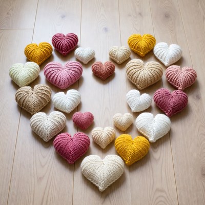 Colorful Knitted Hearts on Wooden Floor