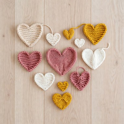 Colorful Knitted Hearts on Wooden Surface