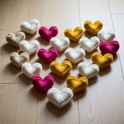 Colorful Crochet Hearts on Wooden Floor