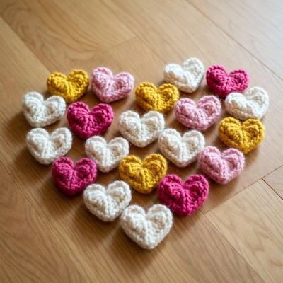 Colorful Crochet Hearts on Wooden Floor