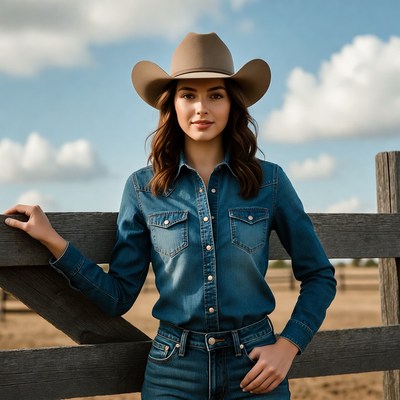 Woman in cowboy hat leaning on fence