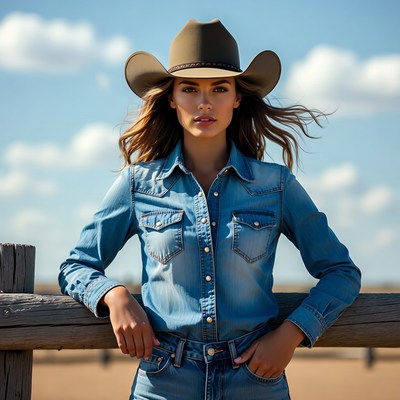 Woman in cowboy hat leaning on fence