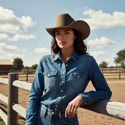 Woman in cowboy hat leaning on ranch fence