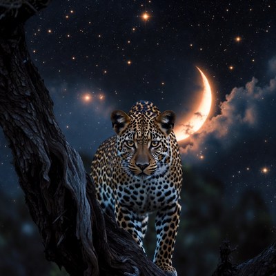 Leopard under starry night sky