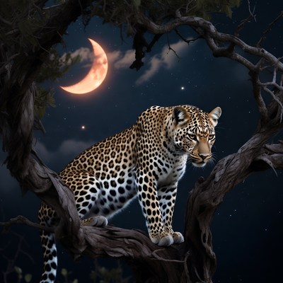 Leopard on Tree Branch Under Moon