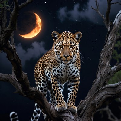 Leopard on tree branch under moon