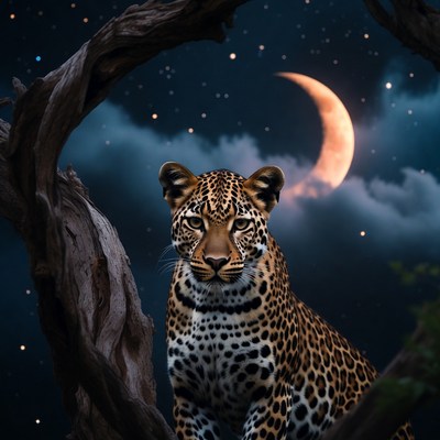 Leopard sitting on branch under starry moonlit sky