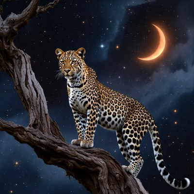 Leopard on tree under starry moonlit sky