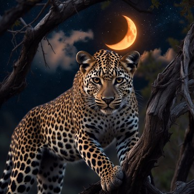 Leopard prowling on branch under moon