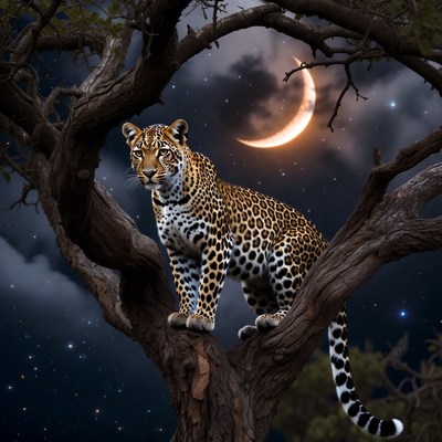 Leopard on Tree Under Moon