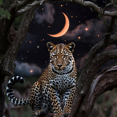 Leopard sitting on tree branch at night