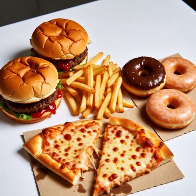 Burger, Fries, Pizza, Donuts on Table