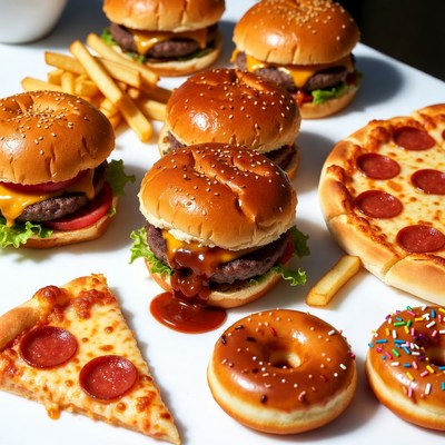 Burgers, Fries, Pizza, Donuts on Table