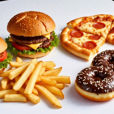 Burger Pizza Fries Donut on White