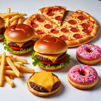 Burgers Pizza Fries Donut on Table