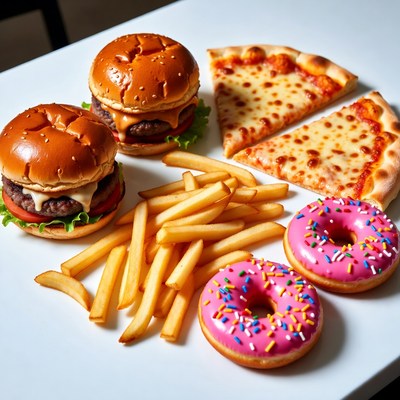 Burger, Pizza, Fries and Donuts