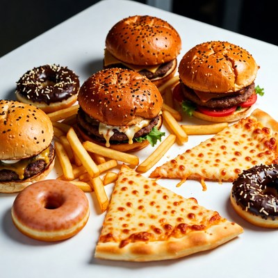 Assortment of Burgers Fries Pizza Donuts