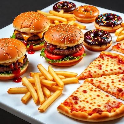 Burgers Fries Pizza Donuts on White Background