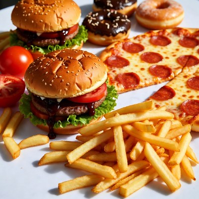 Burger Pizza Fries Donuts on Plate
