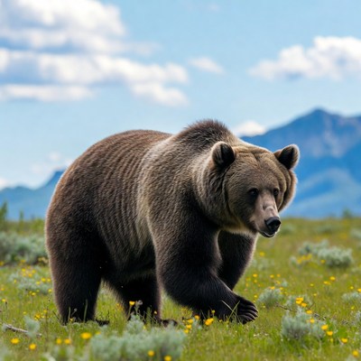 Grizzly bear walking in grassy field