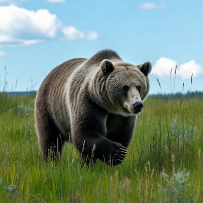 Grizzly bear walking in grassy field