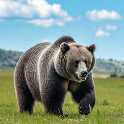 Grizzly Bear Standing in Grassland