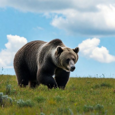 Grizzly bear walking in grassy field