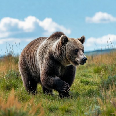 Grizzly bear walking in grassy field