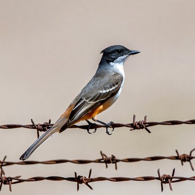 Vermilion Flycatcher perched on barbed wire
