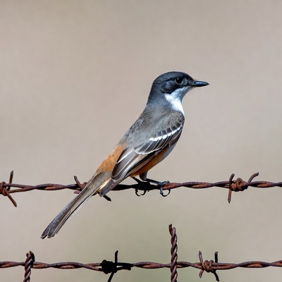 Gray bird perched on barbed wire