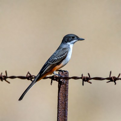Vermilion Flycatcher perched on fence