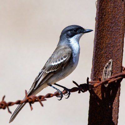 Gray bird perched on barbed wire fence