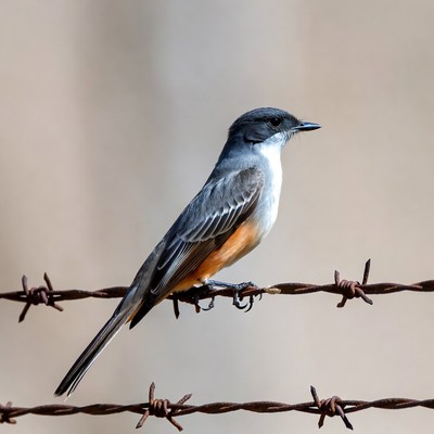 Vermilion Flycatcher perched on barbed wire