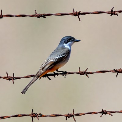 Vermilion Flycatcher perched on barbed wire