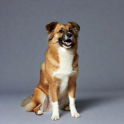 Brown and white dog sitting