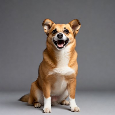 Smiling Corgi sitting on gray background