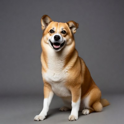 Smiling corgi sitting on gray background