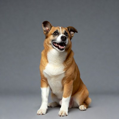 Happy brown white dog sitting