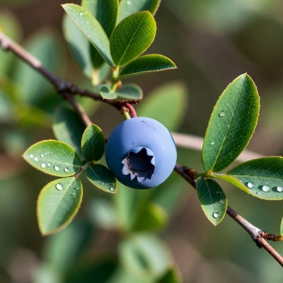 Ripe Blueberry on Leafy Branch