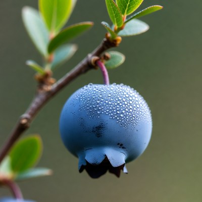Dew-covered blueberry on branch