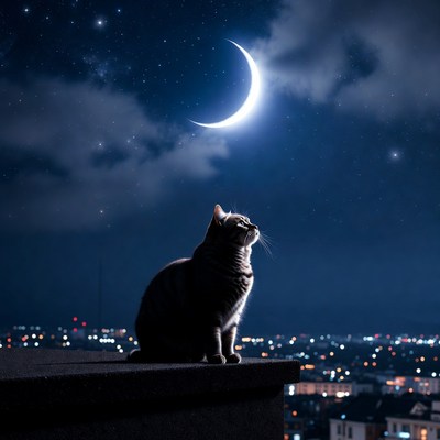 Cat gazing at moonlit cityscape