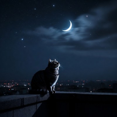 Cat gazing at moonlit cityscape