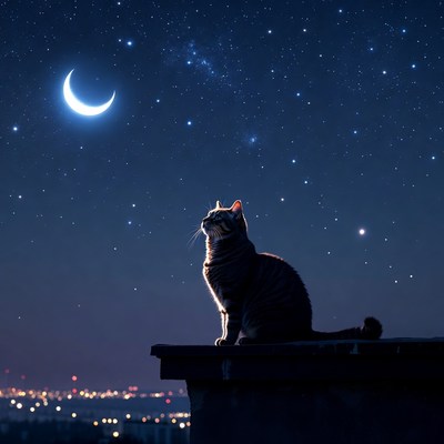 Tabby cat on rooftop under starry sky