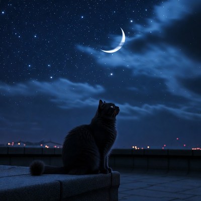 Black cat on rooftop under starry moonlit sky