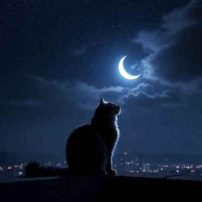 Cat gazing at moonlit city skyline