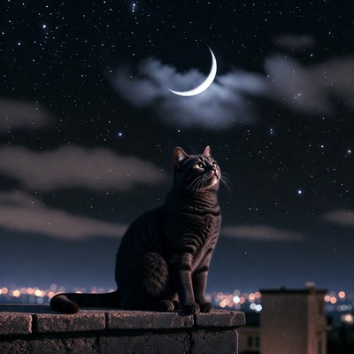 Black Cat Gazing at Moonlit Sky