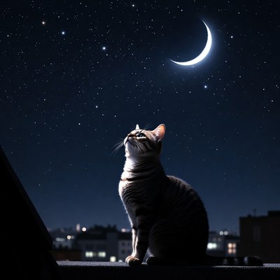 Cat gazing at moon and stars