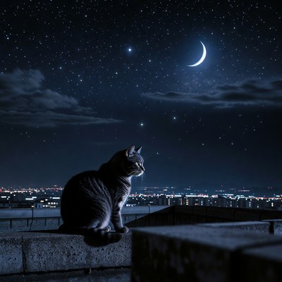 Cat sitting on roof under starry night sky